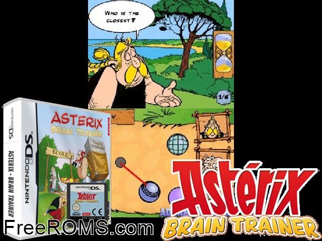 Asterix - Brain Trainer Europe NDS game showing 3D box cover and gameplay screenshot