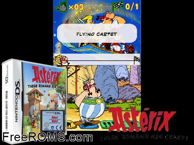 Asterix - These Romans Are Crazy! Europe NDS game showing 3D box cover and gameplay screenshot