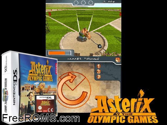 Asterix at the Olympic Games Europe NDS game showing 3D box cover and gameplay screenshot