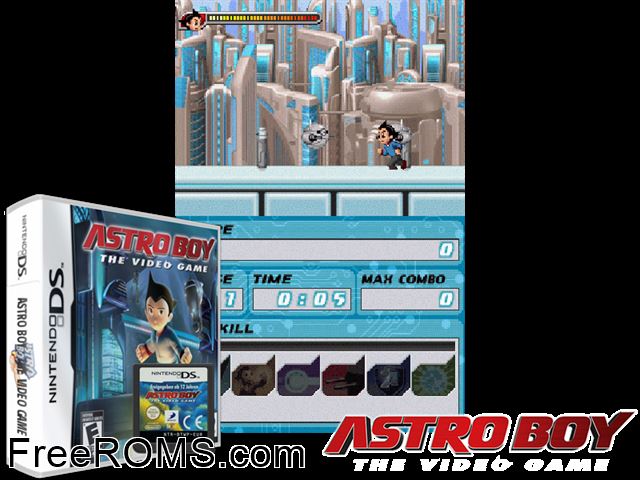Astro Boy - The Video Game NDS game showing 3D box cover and gameplay screenshot