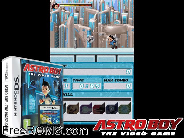 Astro Boy - The Video Game Europe NDS game showing 3D box cover and gameplay screenshot