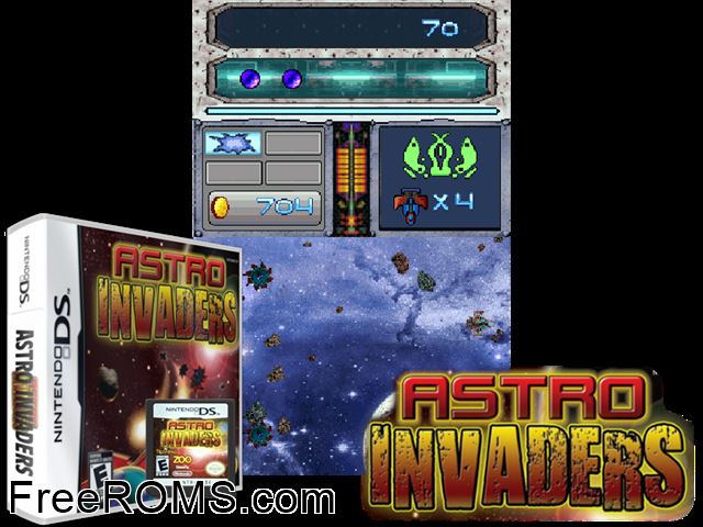 Astro Invaders NDS game showing 3D box cover and gameplay screenshot