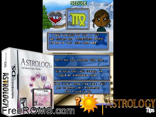 Astrology DS - The Stars in Your Hands NDS game showing 3D box cover and gameplay screenshot