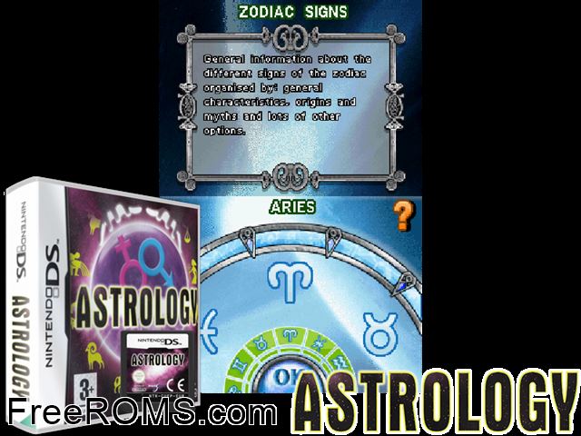 Astrology Europe NDS game showing 3D box cover and gameplay screenshot