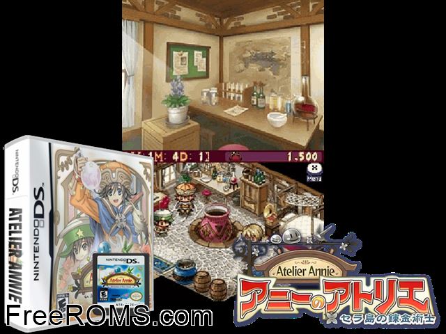 Atelier Annie - Alchemists of Sera Island NDS game showing 3D box cover and gameplay screenshot