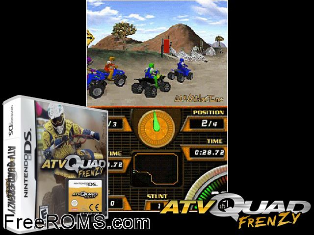 ATV Quad Frenzy NDS game showing 3D box cover and gameplay screenshot
