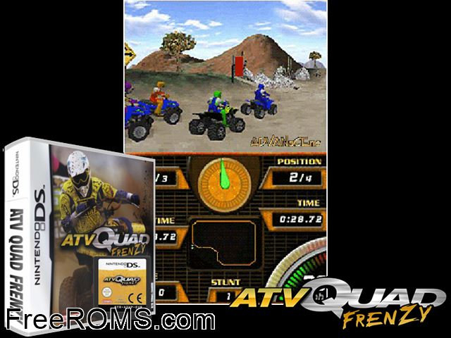 ATV Quad Frenzy Europe NDS game showing 3D box cover and gameplay screenshot