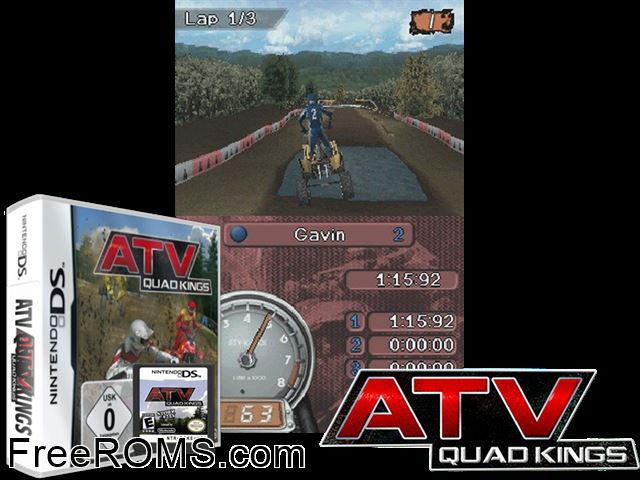 ATV Quad Kings NDS game showing 3D box cover and gameplay screenshot