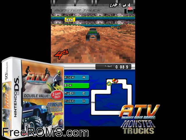 ATV Thunder Ridge Riders + Monster Trucks Mayhem (2 Game Pack) NDS game showing 3D box cover and gameplay screenshot