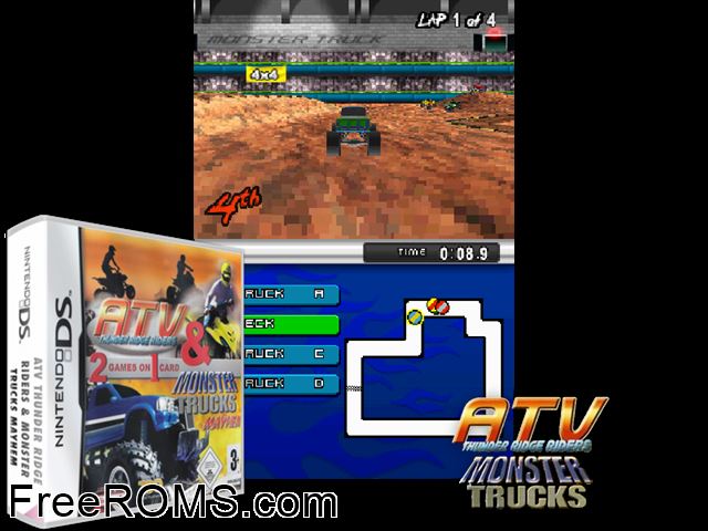 ATV Thunder Ridge Riders + Monster Trucks Mayhem (2 Game Pack) Europe NDS game showing 3D box cover and gameplay screenshot