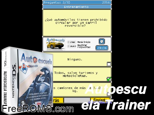 Autoescuela Trainer NDS game showing 3D box cover and gameplay screenshot