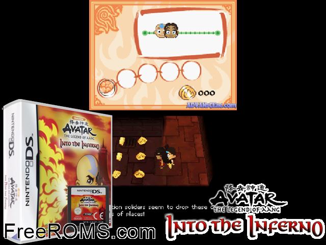 Avatar - The Legend of Aang - Into the Inferno Europe NDS game showing 3D box cover and gameplay screenshot