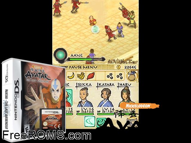 Avatar - The Legend of Aang Europe NDS game showing 3D box cover and gameplay screenshot