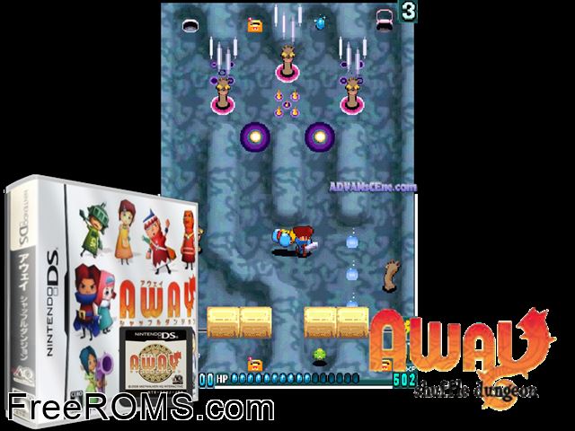 Away - Shuffle Dungeon Japan NDS game showing 3D box cover and gameplay screenshot