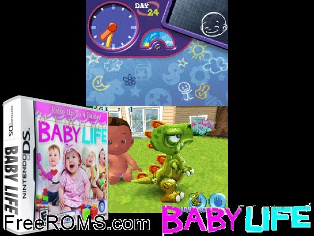 Baby Life NDS game showing 3D box cover and gameplay screenshot