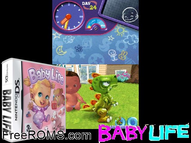 Baby Life Europe NDS game showing 3D box cover and gameplay screenshot