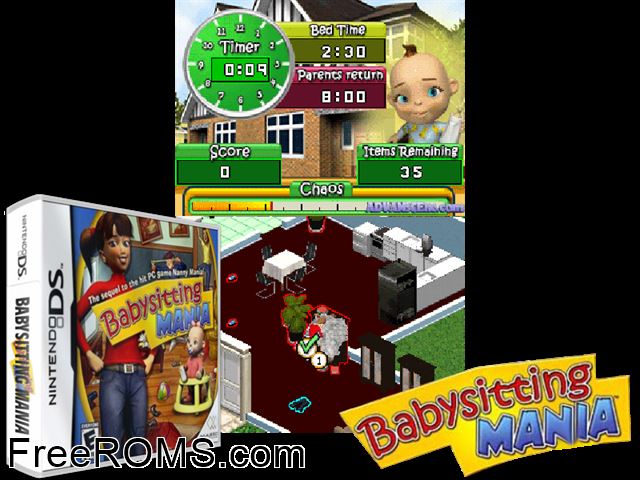 Babysitting Mania NDS game showing 3D box cover and gameplay screenshot