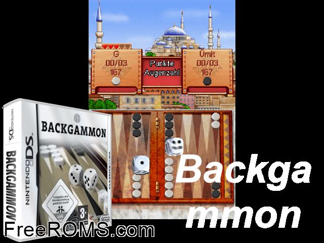 Backgammon Germany NDS game showing 3D box cover and gameplay screenshot