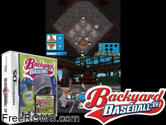 Backyard Baseball 09 NDS game showing 3D box cover and gameplay screenshot