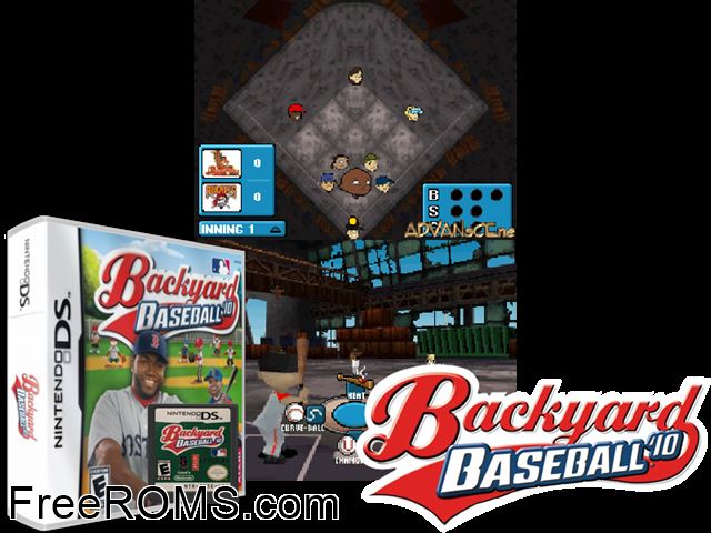 Backyard Baseball 10 NDS game showing 3D box cover and gameplay screenshot