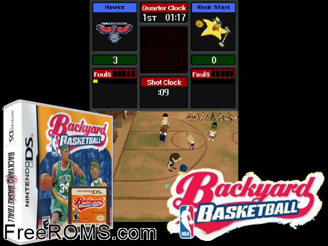 Backyard Basketball NDS game showing 3D box cover and gameplay screenshot