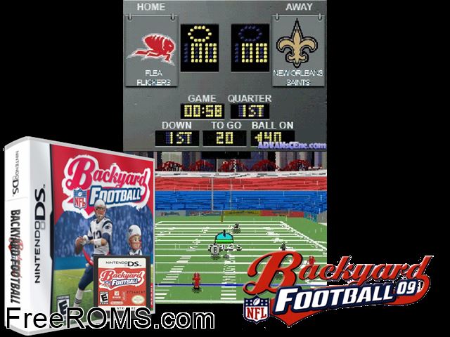 Backyard Football NDS game showing 3D box cover and gameplay screenshot