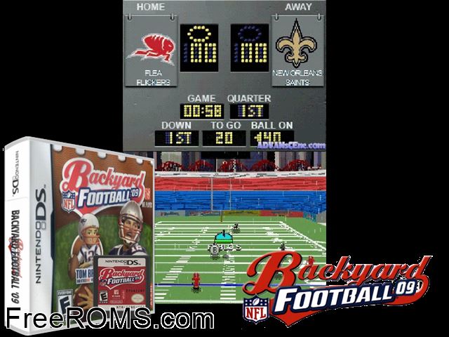 Backyard Football 09 NDS game showing 3D box cover and gameplay screenshot