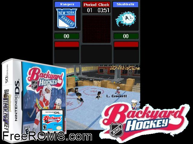 Backyard Hockey NDS game showing 3D box cover and gameplay screenshot