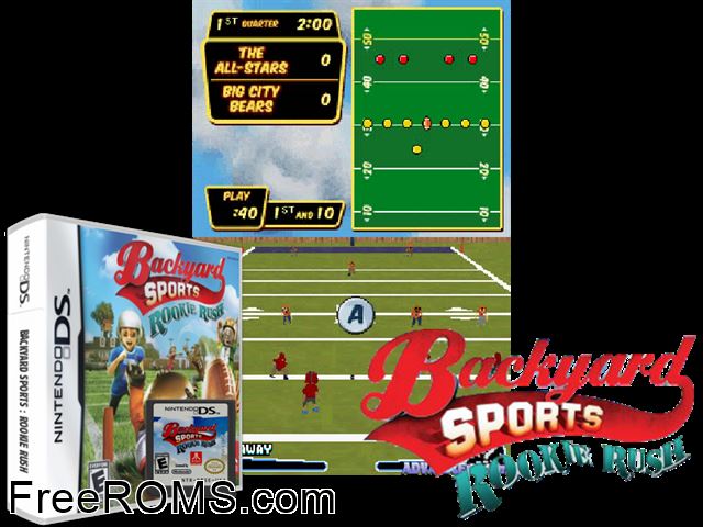 Backyard Sports - Rookie Rush NDS game showing 3D box cover and gameplay screenshot
