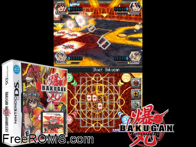 Bakugan - Battle Brawlers Europe NDS game showing 3D box cover and gameplay screenshot