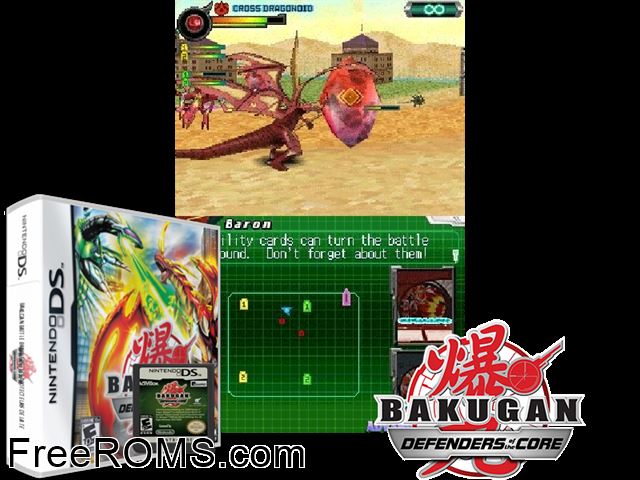 Bakugan - Defenders of the Core NDS game showing 3D box cover and gameplay screenshot