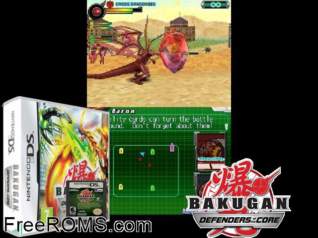 Bakugan - Defenders of the Core Europe NDS game showing 3D box cover and gameplay screenshot