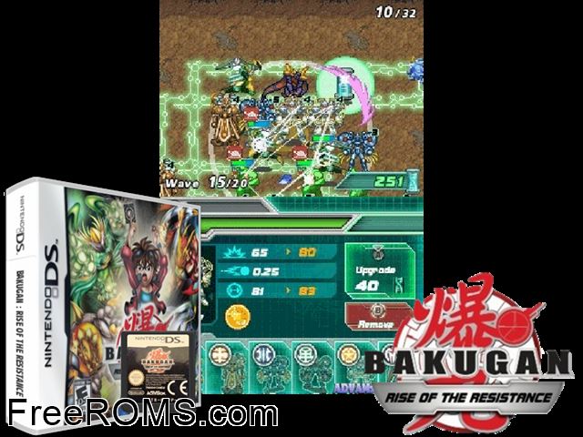 Bakugan - Rise of the Resistance Europe NDS game showing 3D box cover and gameplay screenshot