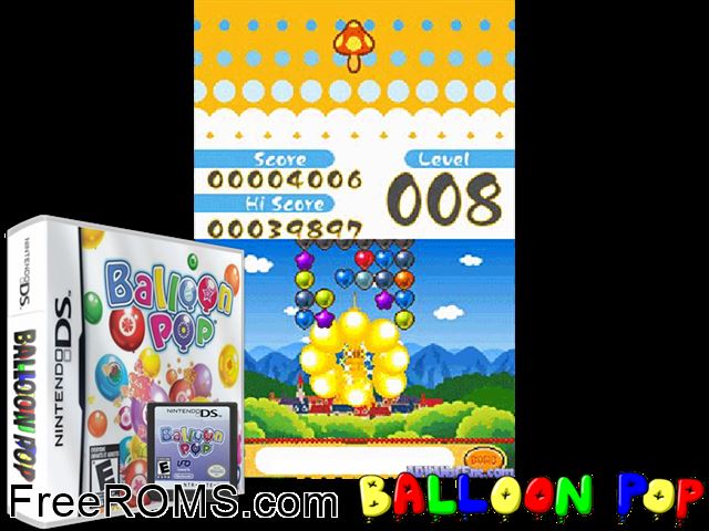 Balloon Pop NDS game showing 3D box cover and gameplay screenshot