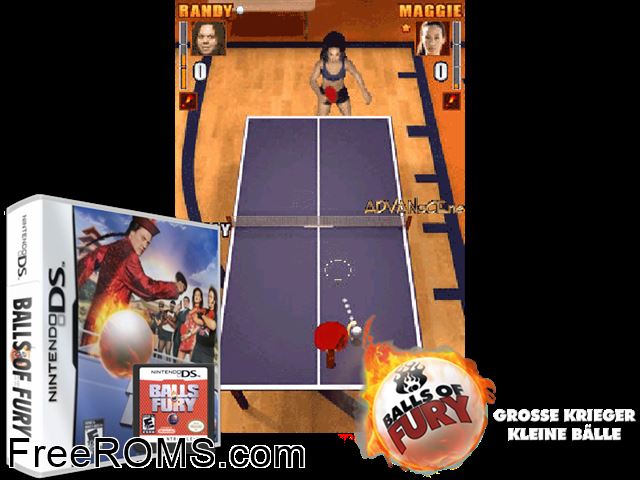 Balls of Fury Europe NDS game showing 3D box cover and gameplay screenshot