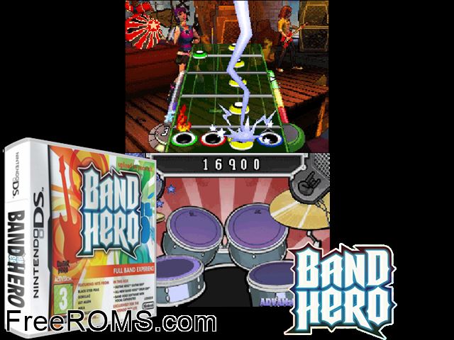 Band Hero Europe NDS game showing 3D box cover and gameplay screenshot