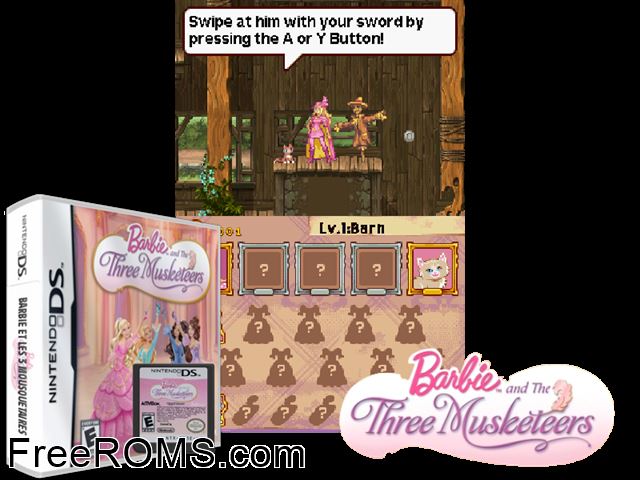 Barbie and the Three Musketeers NDS game showing 3D box cover and gameplay screenshot