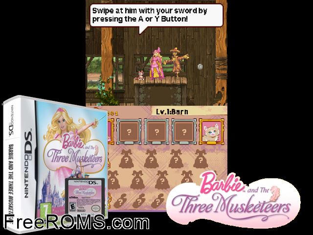 Barbie and the Three Musketeers Europe NDS game showing 3D box cover and gameplay screenshot