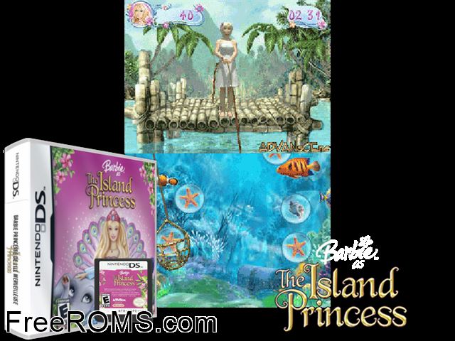 Barbie as the Island Princess Europe NDS game showing 3D box cover and gameplay screenshot