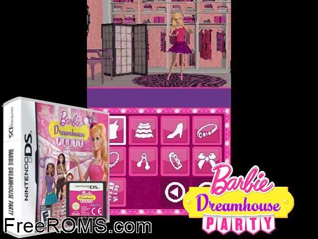 Barbie Dreamhouse Party NDS game showing 3D box cover and gameplay screenshot