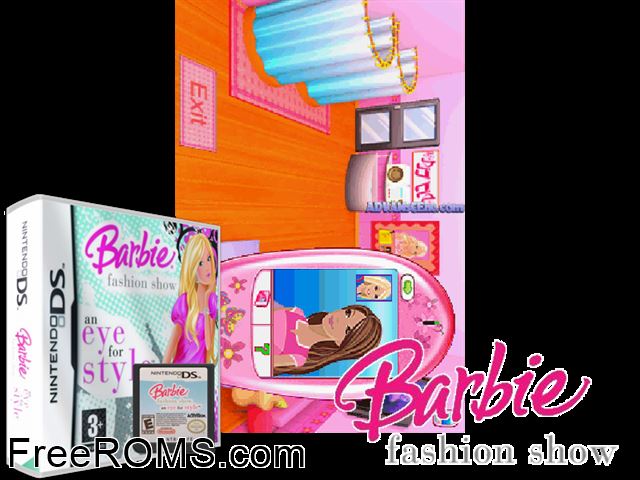 Barbie Fashion Show - An Eye for Style Europe NDS game showing 3D box cover and gameplay screenshot