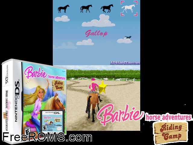 Barbie Horse Adventures - Riding Camp NDS game showing 3D box cover and gameplay screenshot