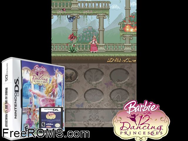 Barbie in the 12 Dancing Princesses NDS game showing 3D box cover and gameplay screenshot