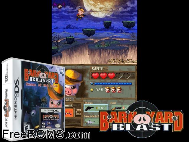 Barnyard Blast - Swine of the Night NDS game showing 3D box cover and gameplay screenshot