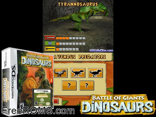 Battle of Giants - Dinosaurs NDS game showing 3D box cover and gameplay screenshot