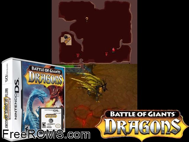 Battle of Giants - Dragons NDS game showing 3D box cover and gameplay screenshot