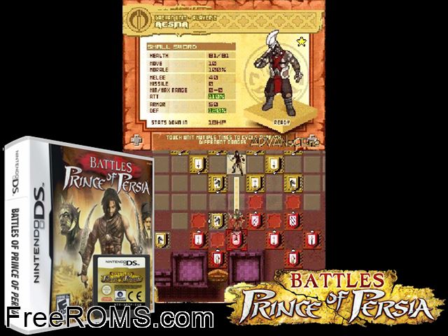 Battles of Prince of Persia NDS game showing 3D box cover and gameplay screenshot