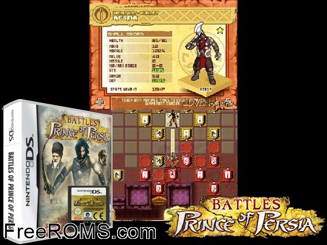 Battles of Prince of Persia Europe NDS game showing 3D box cover and gameplay screenshot