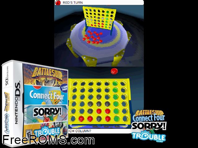 Battleship - Connect Four - Sorry! - Trouble Game NDS game showing 3D box cover and gameplay screenshot