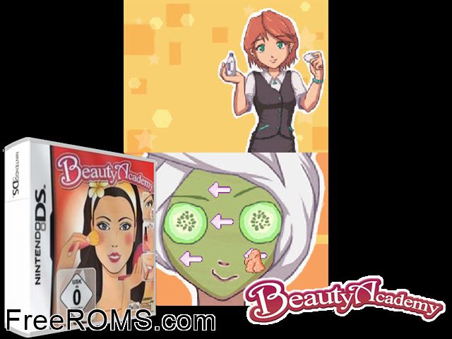 Beauty Academy Europe NDS game showing 3D box cover and gameplay screenshot